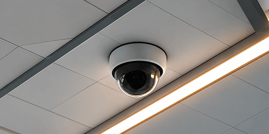 White dome security camera mounted on a ceiling beside a glowing amber light strip