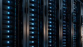 Rows of server racks with blue status lights