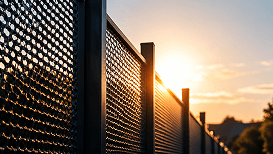 Perforated metal fence at sunset