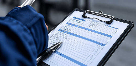 Inspector in a blue jacket filling in an inspection checklist on a clipboard