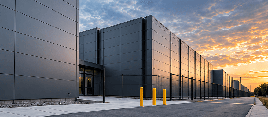 Modern grey data center building at sunset with yellow safety bollards along the entrance path