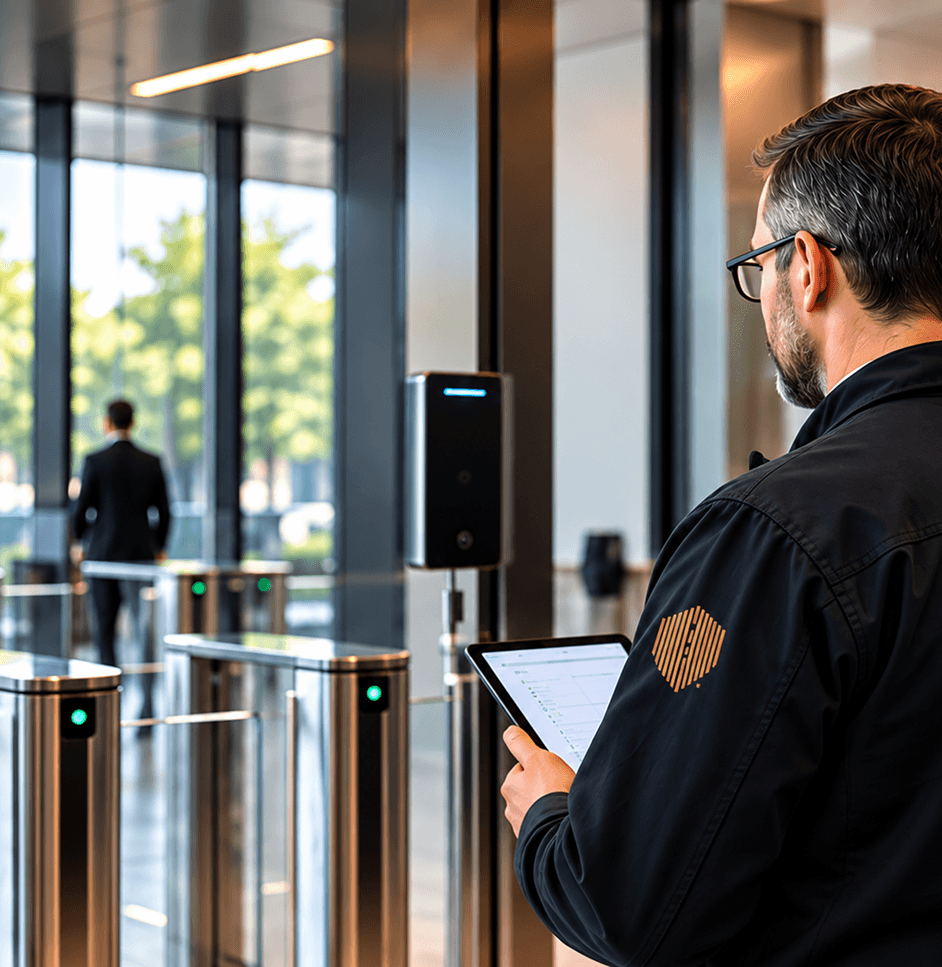 Security assessor reviewing a facility entrance on a tablet beside access-control turnstiles