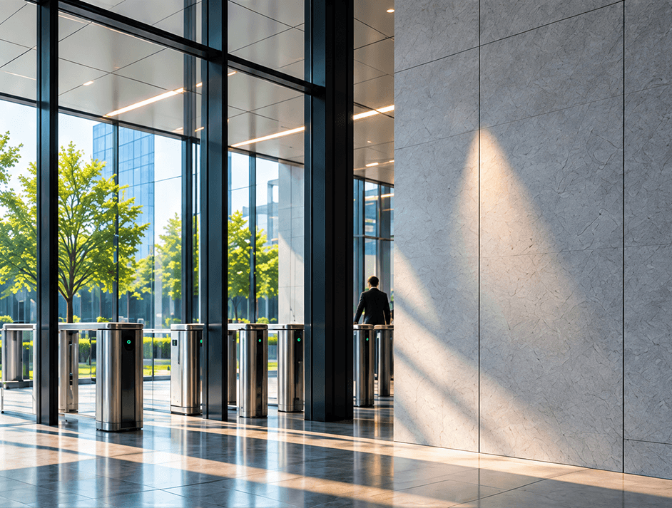 Sunlit office lobby with glass walls and turnstiles beside a stone feature wall
