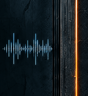 Audio waveform beside a dark wall with a glowing amber line