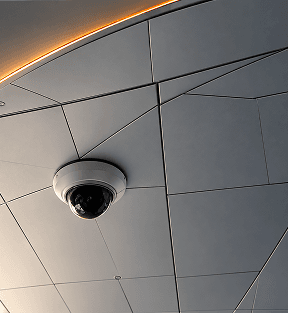 Security dome camera mounted on a paneled ceiling