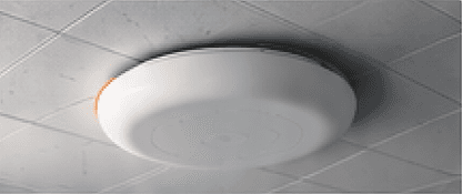 White wireless access point mounted on a ceiling