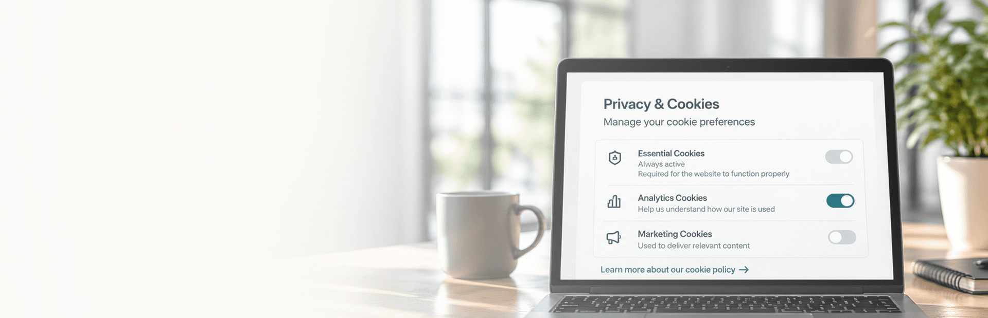 Laptop on a sunlit desk showing a Privacy & Cookies preferences panel with toggles for essential, analytics and marketing cookies